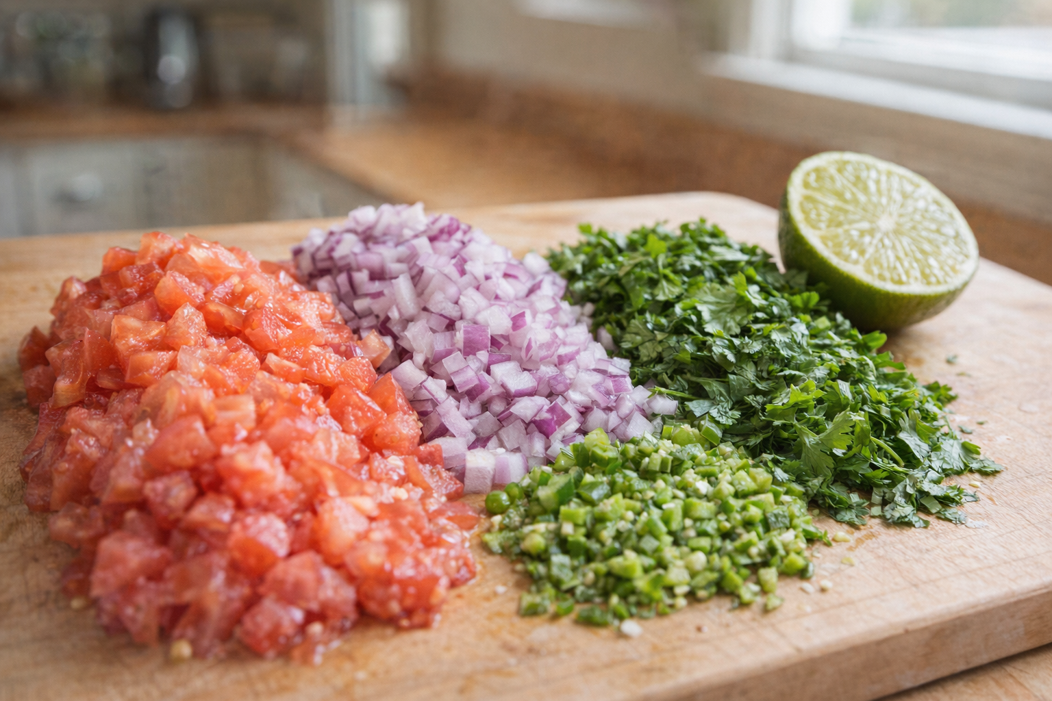 A close-up of diced tomatoes, red onion, minced jalapeño, and chopped cilantro arranged on a wooden cutting board, a lime half visible, bright kitchen lighting
